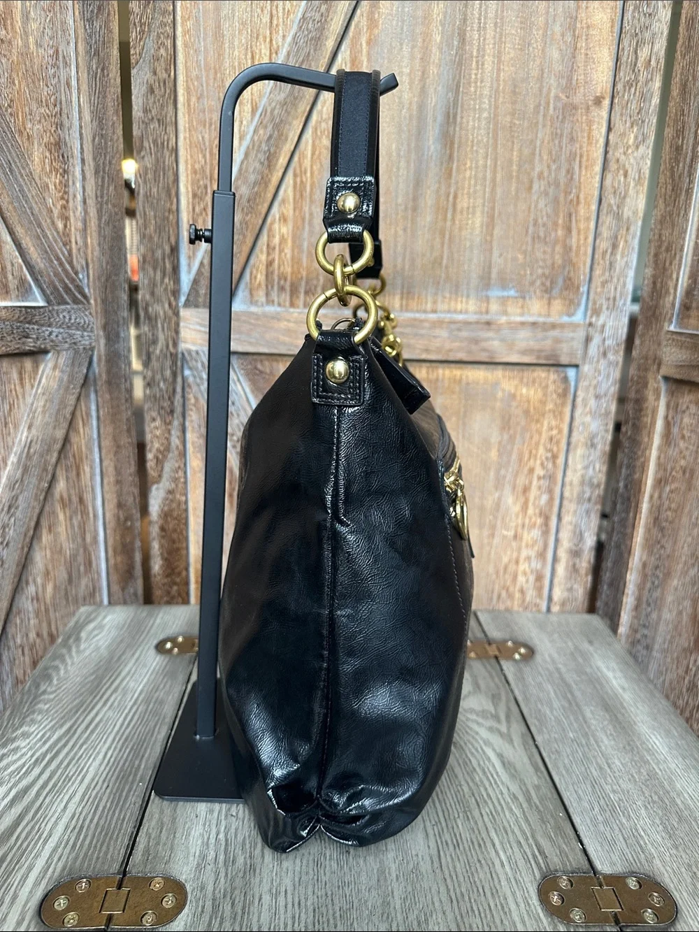 Coach Vintage Y2K Poppy Black Liquid Gloss Tote & Gold Coach Cherry Charm